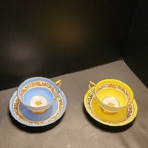 🫖GROSVENOR BONE CHINA SET OF TEA CUPS & SAUCERS BLUE AND YELLOW